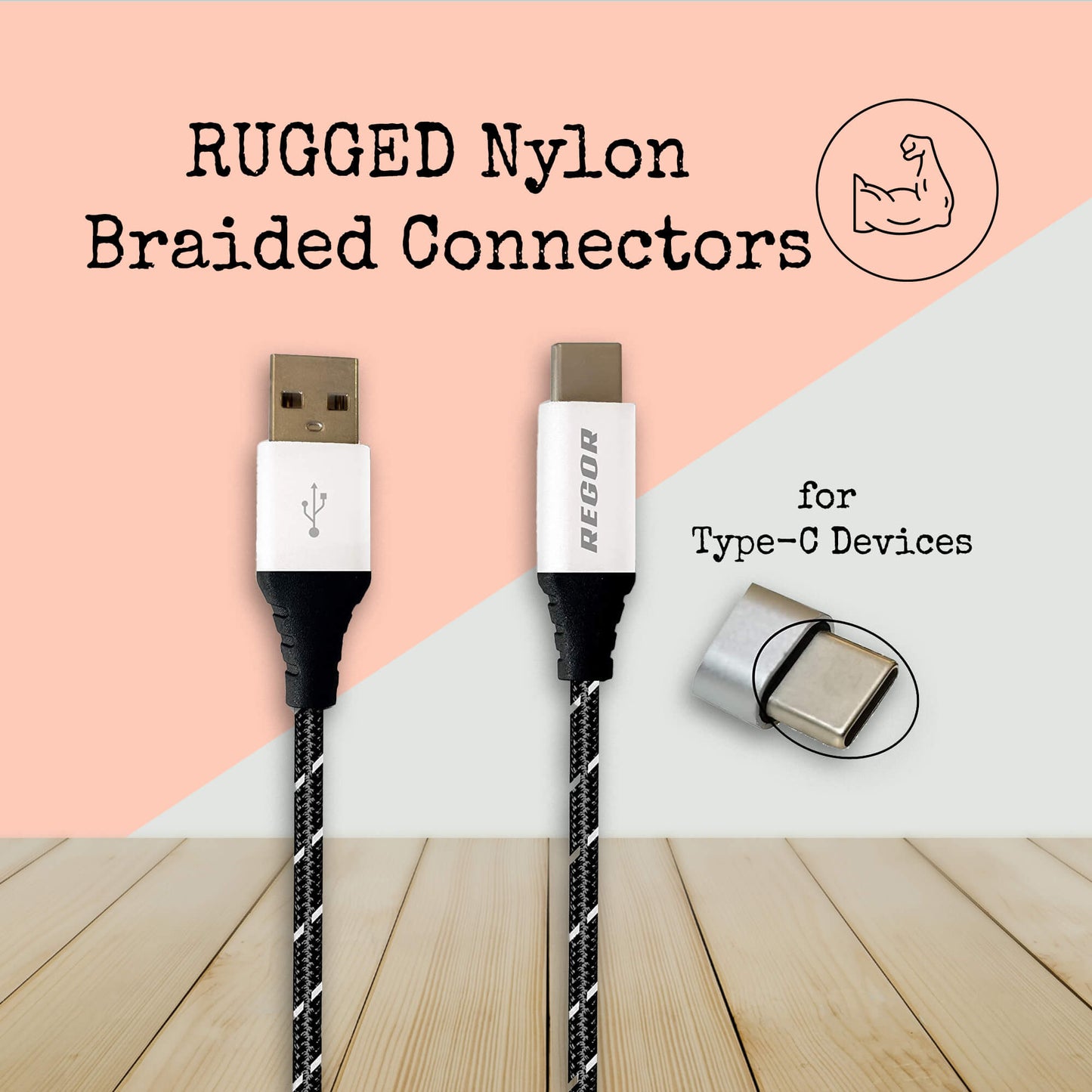 Regor TYPE-C cable, 5 Ft/1.5Mtr, RUGGED Connectors,Nylon Braided for Type-C Devices